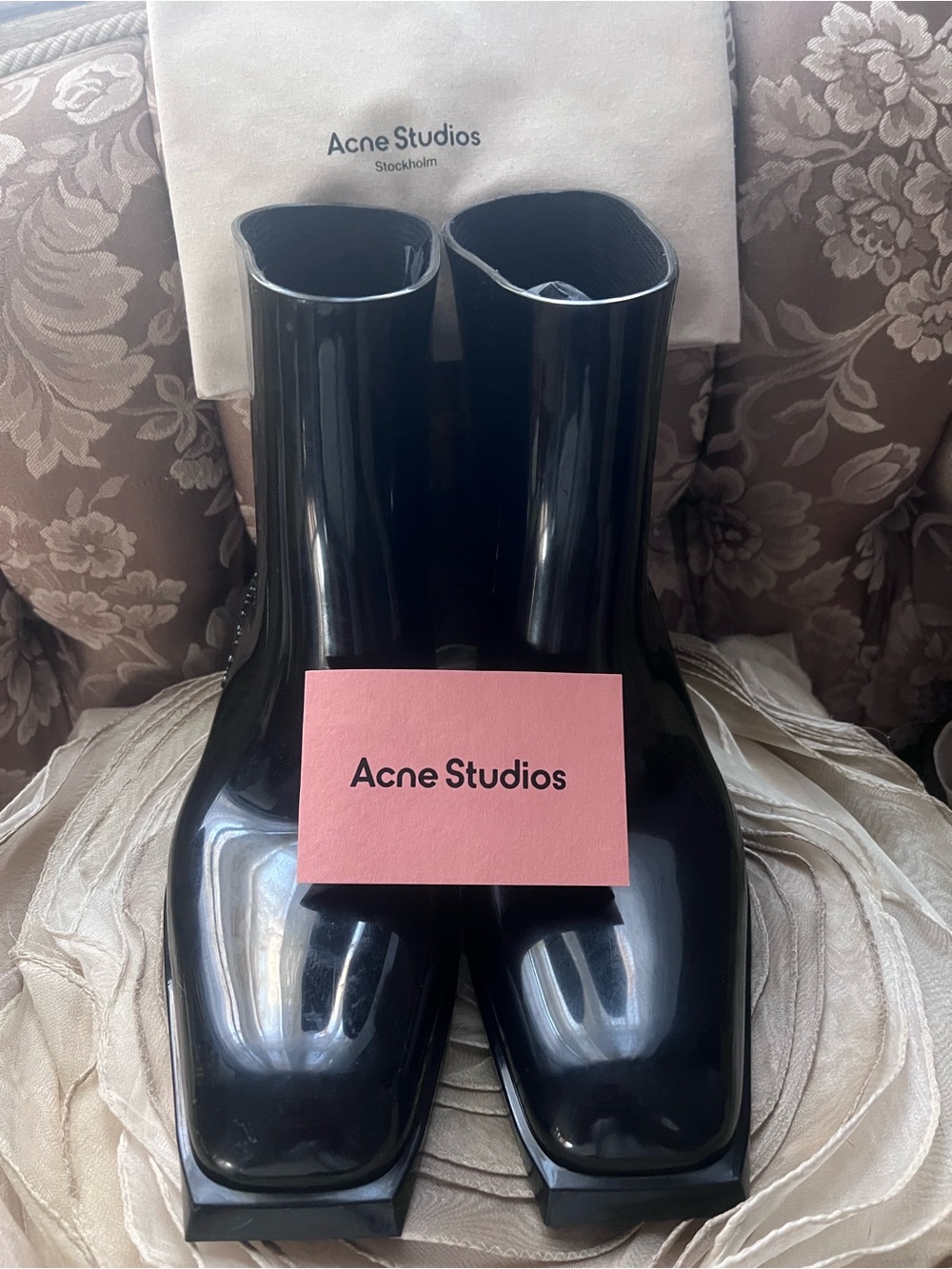Acne Black Patent Square-Toe Ankle Boots - Picture 4 of 8